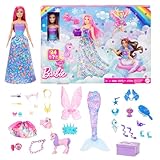 Barbie-Adventskalender mit Puppe und 24 Überraschungs-Accessoires mit Einhorn und 3 Tieren, die Modepuppe mit rosa Haaren kann in eine Meerjungfrau, Fee und mehr verwandelt Werden, HRG90